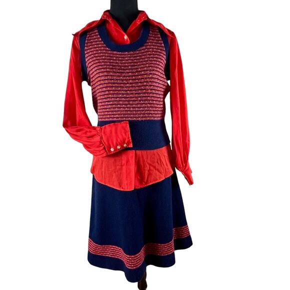 Rosanna Dresses & Skirts - Vintage 70s Rosanna 3pc Knit Skirt Vest Set Red Dagger Collar Bishop Sleeve Sz S